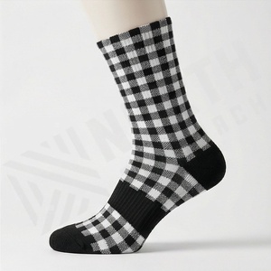 Crew <b>Socks</b> Plaid Pattern Black White Checkered Breathable Knitted Regular Style Adult Casual Wear - Product Image 3