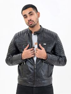 Chaqueta de moto para hombre de cuero PU negro, cuello alto, cierre de cremallera, corte ajustado, longitud regular, color sólido, en venta. - Product Image 2