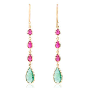 Platinum Geometric Chandelier Drop Earrings with Ruby Emerald Diamond and Pearl - Product Image 2