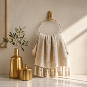 Porte-serviettes mural minimaliste en or avec design circulaire pour rangements de salle de bain - Product Image 1