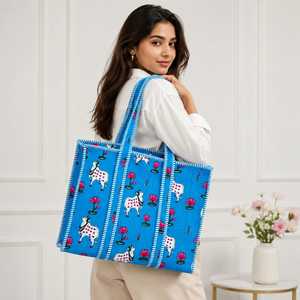Sac fourre-tout en coton bleu avec motif floral en patchwork, de haute qualité, ouverture supérieure, grande capacité, style bohème, sac de voyage toutes saisons - Product Image 2