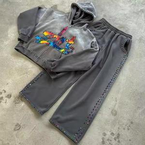 Ensemble jogging et sweat à capuche unisexe hiver, écologique, respirant, imprimé effet soleil délavé, délavé à l'acide, effet vieilli, deux pièces - Product Image 6