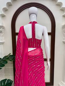 Conjunto indio-pakistaní de color rosa brillante con cuentas, vestido de fiesta sin mangas con malla bordada y dupatta, ropa de novia. - Product Image 4