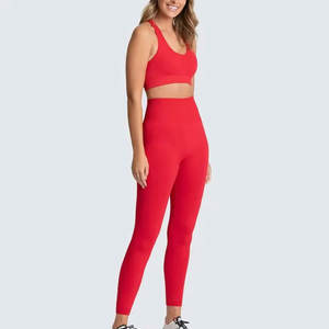 Conjunto de yoga y gimnasio personalizado de cintura alta sin costuras con top deportivo de cuello alto y leggings acanalados de elastano/nailon - Product Image 4