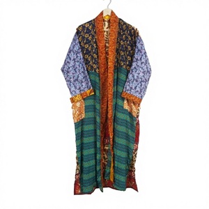 Kimono Robe Unique Fait Main Vintage Japonais 100% Soie Satinée Col en V avec Cordon de Serrage pour Femme, Patchwork Long Élégant et Doux pour l'Été - Product Image 1