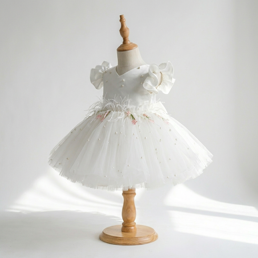 white short tutu dress Lace Tulle Tutu Flower Girl Dress,holy Communion Ivory Toddler Dress,mini Bride Formal Dress Short Sleeve,junior Bridesmaid Baby Dress