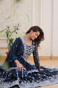 DESIGNER FAUX GEORGETTE EMBROIDERY SEQUENCE <b>WORK</b> LEHENGA CHOLI WITH DUPATTA AND WAIST <b>BELT</b> NAVY BLUE 75334 - Product Image 4