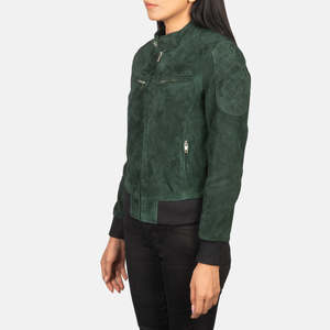 Flashback Green Genuine Leather Motorcycle <b>Bomber</b> <b>Jacket</b> Breathable Windproof Knitted Zipper Closure Stand Collar Solid Color - Product Image 4