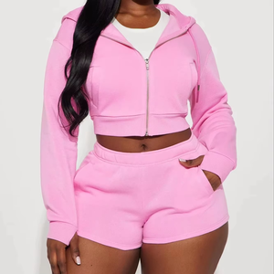 Ensemble décontracté d'hiver de haute qualité pour femmes, avec capuche, tricoté, avec logo sur le devant, fermeture éclair, short et pantalon de jogging - Product Image 1