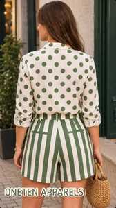 ONETEN APPARELS Ensemble chemisier vert à pois et short rayé pour femme, tenue décontractée d'été en 2 pièces - Product Image 2