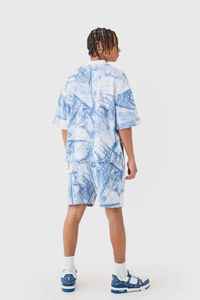 Men's Blue White Printed Polyester Stand <b>Collar</b> <b>T</b>-<b>Shirt</b> Shorts Set Breathable Color Blocking Digital Printing Casual Summer Wear - Product Image 4