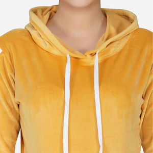 Women Yellow <b>Velour</b> <b>Tracksuit</b> Set Hooded Full Sleeve Casual Autumn Style With Side Pockets Elastic Waist - Product Image 5