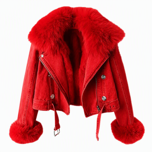 Veste de moto en jean rouge avec col et poignets en fourrure de renard, manteau d'hiver coupe-vent à manches courtes pour femme - Product Image 1