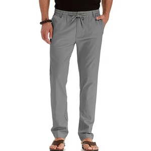 Pantalon décontracté en coton Oxford bleu clair pour homme, taille élastique avec cordon de serrage, devant plat, poches latérales, respirant, idéal pour l'été - Product Image 2