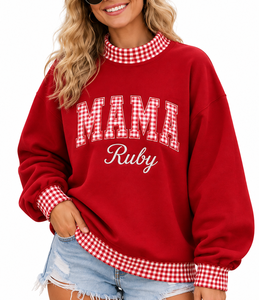 Sudadera Oversize de Cuello Alto para Mujer al por Mayor con Aplique de Letras Personalizado y Diseño a Cuadros con Bloques de Color - Product Image 6