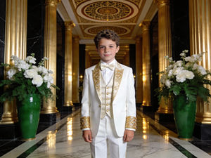 Costume de smoking orange pour garçons avec broderie dorée |   Ensemble de vêtements formels pour enfants pour mariage et fête - Product Image 2