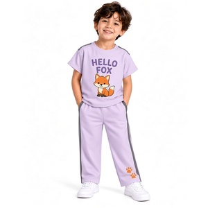 <b>Kids</b> Spandex Cotton Knitted <b>Short</b> Sleeve T-Shirt Long Pants Summer Casual Sleepwear Lilac Fox Graphic <b>Pyjamas</b> Set - Product Image 1