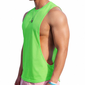 Camiseta sin mangas para gimnasio con aberturas profundas para hombre, chaleco de entrenamiento muscular, venta al por mayor, precio económico, camiseta sin mangas de tela de poliéster transpirable - Product Image 4