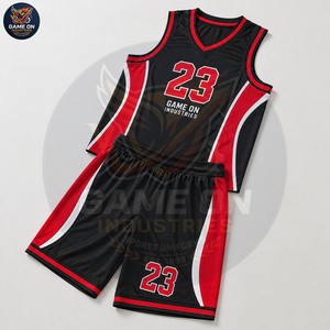 Black And Red Contrast Color OEM Lightweight Sports Outfit Breathable Athletic Training Wear Men's Basketball Game Uniform - Product Image 2