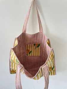 Sac fourre-tout en coton rayé jaune de qualité supérieure avec imprimé citron, style bohème, sac à main ouvert décontracté d'été pour femmes - Product Image 3