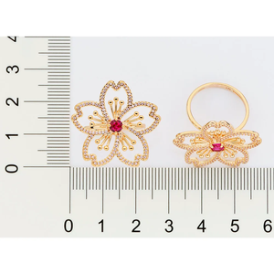 Golden Flower <b>Ring</b> With Red Ruby Center And Diamond Accents <b>For</b> Evening Wear <b>For</b> Women's Fashion Jewelry - Product Image 3