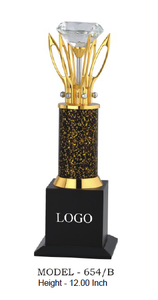 Trophée en métal avec sommet en diamant, base plaquée or, colonne noire marbrée, modèle 654 A B C, récompense sportive - Product Image 4