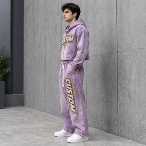 Conjunto de Ropa Urbana Vintage Personalizada para Hombre, Sudadera con Capucha Lavada al Ácido, Pantalones Deportivos Anchos con Pedrería y Chenilla - Product Image 3