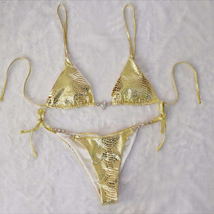 Golden Metallic <b>Bikini</b> Set 2 Piece Halter Top Tie Side Bottom <b>Rhinestone</b> Decoration Stretch Fit Women Swimwear - Product Image 4