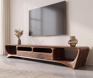 Meuble TV en bois de noyer courbé bio, style moderne et profil bas, console de rangement multimédia unique pour salon – Vente chaude fournisseur indien - Product Image 4