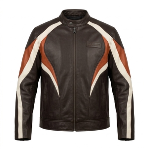 Chaqueta de Motociclista de Cuero Marrón Vintage para Hombre, Estilo Café Racer, Color Crema, con Franjas Curvas y Cuello con Botones a Presión, Fabricante Personalizado al por Mayor - Product Image 1