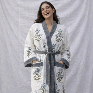 Albornoz largo de algodón tipo gofre, blanco, estampado a mano, para spa, hogar, hotel, playa, para mujer y hombre, venta al por mayor, personalizado para mujer - Product Image 1