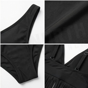 North Approach Women's Black One-Piece Swimsuit Deep V Neck Tassel <b>Fringe</b> Bodysuit Stretch Swimwear - Product Image 4
