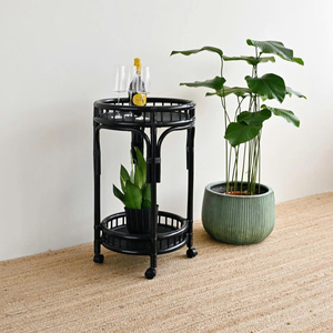 Modern Round Rattan Hotel Furniture Bar Cart with Two-Tier Food <b>Serving</b> 4 Swivel Wheels-Black Commercial Use - Product Image 1