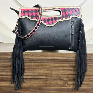Sac à main pour femme en cuir de vachette véritable de haute qualité, fait main, à carreaux, élégant, à bandoulière unique, avec franges - Product Image 5