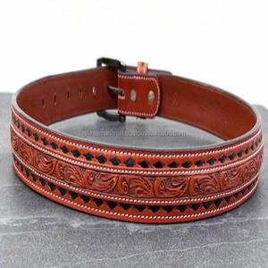 Wholesale Unisex Retro Brown Top Grain Western Leather Tooling Belt with Antique Roller pin buckle cowboy belt - Product Image 3