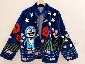 Nostalgic Character Art And Traditional Inspired Suzani Embroidery <b>Velvet</b> Jacket Artistic Playful Fusion Outwear Statement <b>Coat</b> - Product Image 3