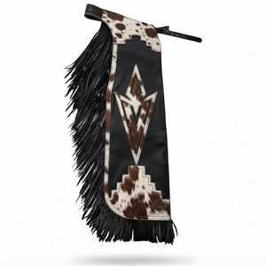 Pantalones de montar de cuero genuino de vaca premium hechos a mano estilo western, con patrón de cuero marrón y flecos negros, de longitud completa. - Product Image 1