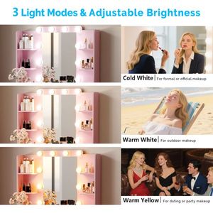2-Drawer 4-Shelf Pink Particleboard Dressing <b>Table</b> Set Melamine Finish 10 Three-Tone <b>Light</b> Bulbs Power Strip <b>Makeup</b> Vanities - Product Image 3