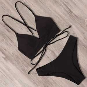 Women's Pink Bikini Set Crossed Halter Top Tie Side Bottom <b>Thong</b> Swimwear Stretch Spandex Polyester Solid Color - Product Image 5