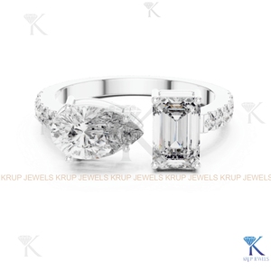 Custom Lab Grown CVD Diamond Toi et Moi Ring Pear Emerald Cut Pave <b>Solid</b> Gold - Product Image 6