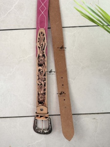 New Premium Quality Handmade Belts Hand <b>Tooled</b> <b>Leather</b> Boot Stich Belts Boho Vintage Pink Color Trendy Stylish Western Belts - Product Image 4