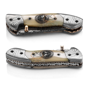 Cuchillo Plegable de Acero de Damasco Personalizado - Cuchillo de Caza y Camping - Grado Industrial - 19 cm de Longitud Total - Grabado Láser Camel - Product Image 6