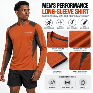 T-shirt de course à manches longues pour homme, orange et noir, séchage rapide, en polyester tricoté, col rond, coupe classique, logo personnalisé sur le devant - Product Image 6