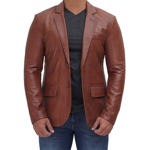 Men’s Brown <b>Leather</b> <b>Blazer</b> Slim Fit Single Breasted Notched Collar Casual Formal <b>Jacket</b> - Product Image 5