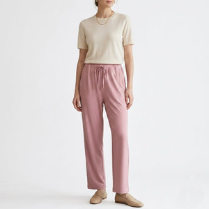 Wholesale Custom Women High Waisted Pants Solid Color Loose Drawstring Pink Sweatpants Casual Straight Leg Pants - Product Image 4