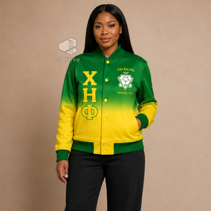 Chaqueta universitaria de satén ombré para mujer Chi Eta Phi con letras griegas bordadas, botones a presión y cuello y puños de punto acanalado, estilo Letterman - Product Image 5