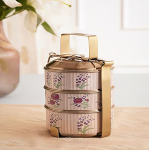 Luxury painted brass tiffin <b>box</b>, 3 tier antique motif food carrier, decorative meal <b>container</b>, available at wholesale prices. - Product Image 3