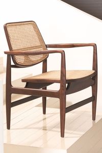 Chaise de salle à manger en teck au design rétro de luxe avec tressage en rotin naturel vintage - Product Image 2