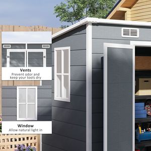 Caseta de Almacenamiento Exterior de Plástico Gris de 8' x 4' con Puertas con Cerradura, Ventilaciones, Ventana en el Piso para Patio Trasero, Jardín - Product Image 6