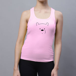 Camiseta sin mangas rosa con estampado de oso de dibujos animados para mujer, cuello redondo, longitud regular, de algodón transpirable, estilo casual, estampado frontal - Product Image 1